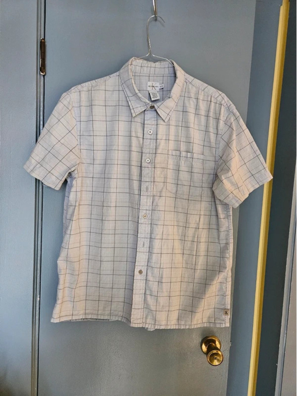 Calvin Klein Jeans Shirt Men's XL Light Blue Windowpane Plaid Cotton Button Up